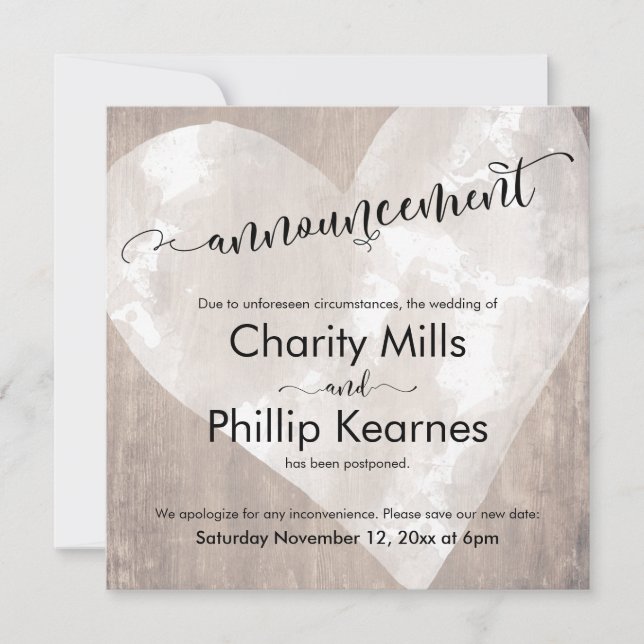 Hjärtat på Wood Postponed Bröllop annonsering (Framsida)