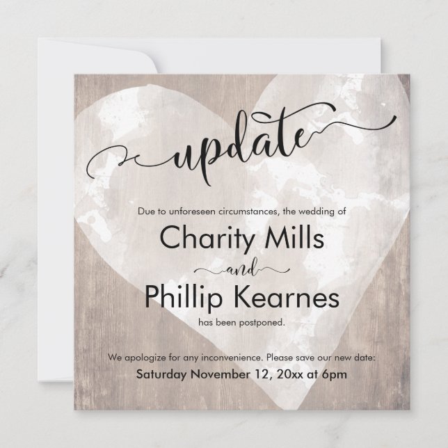 Hjärtat på Wood Postponed Bröllop-uppdateringskort (Framsida)