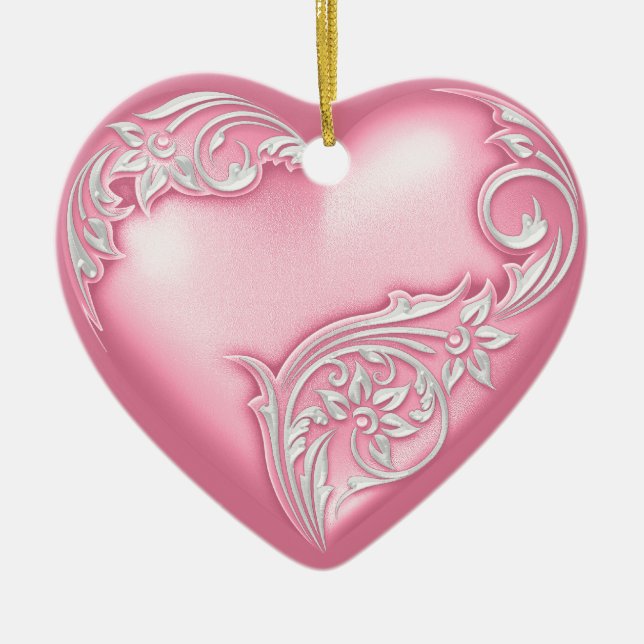Hjärtat Rosa med vit Rulla Julgransprydnad Keramik (Framsidan)