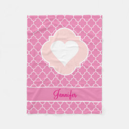 HjärtavitSilhouette rosa Quatrefoil med namn Fleecefilt