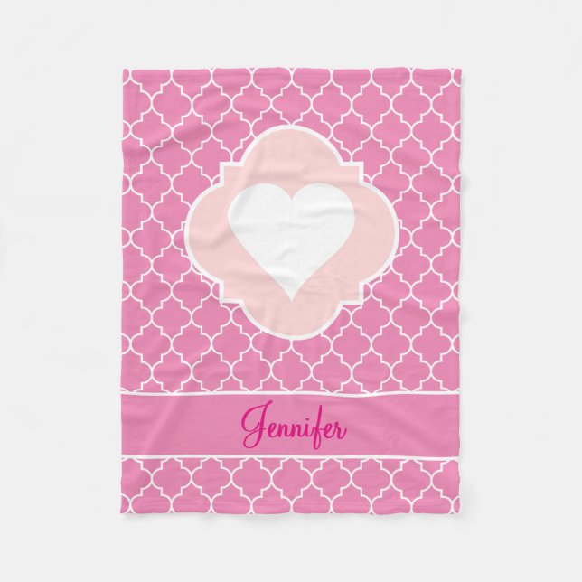 HjärtavitSilhouette rosa Quatrefoil med namn Fleecefilt (Framsidan)