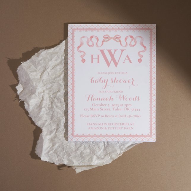 Hjärtband Coquette Monogram Baby Shower Inbjudningar (Skapare uppladdad)