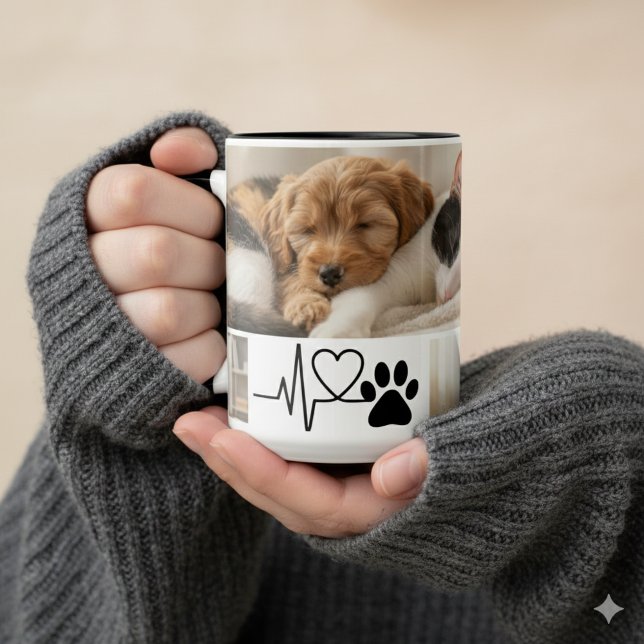 Hjärtbanksavtryck Räddningshund Mamma Två-Tonad Mugg (Heartfelt paw print heartbeat mug for a rescue dog mom — perfect adoption day gift idea.)