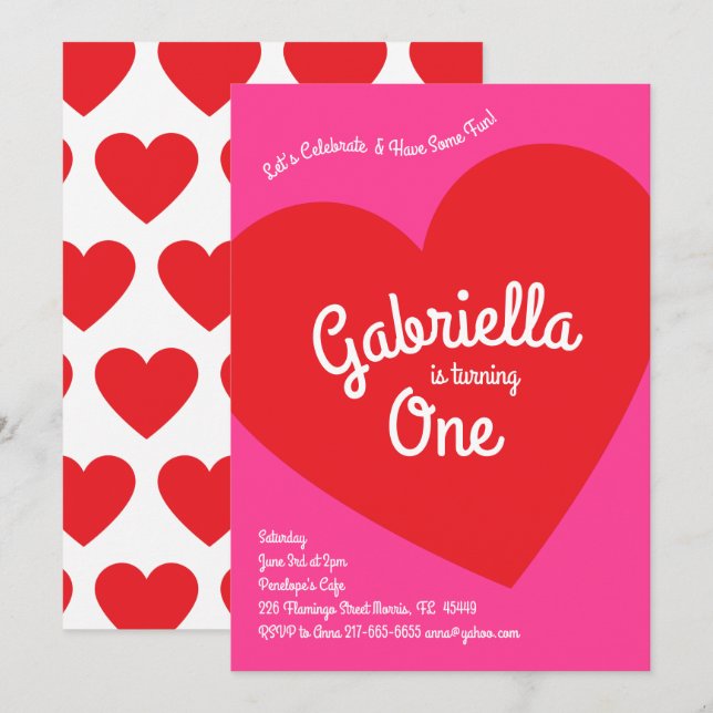 Hjärtbarn 1:a födelsedag Party Rosa och rött Inbjudningar (Fram/baksida)