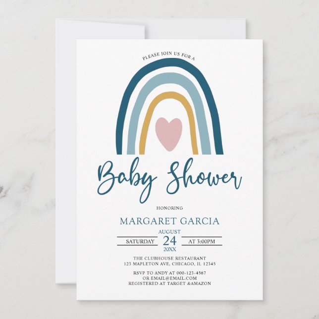  Hjärtblå tuggade tonar Boho Rainbow Baby Shower Inbjudningar (Framsida)
