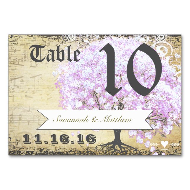 Hjärtblad Lavendel Träd Vintage Fågel Bröllop Bordsnummer (Framsidan)