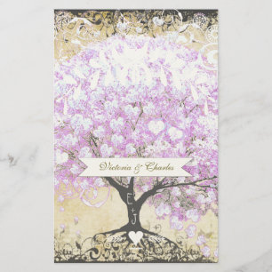 Hjärtblad Lavendel Träd Vintage Fågel Bröllop Brevpapper