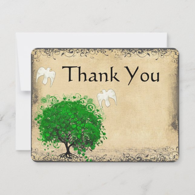 Hjärtblad Smaragd Träd Dove Fågel Tack Kort (Framsida)