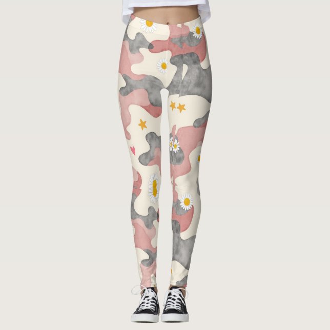 Hjärtblomma Kamouflage Mönster Leggings (Framsida)