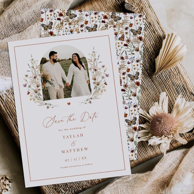 Hjärtblomman sparar datum då Boho-fotokortet spara Datumet (Skapare uppladdad)