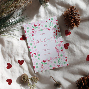 Hjärtblomsteräng på vit – Rosa & Röd Alla Hjärtans Julkort