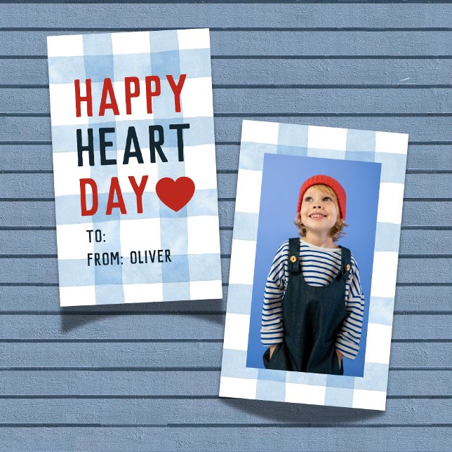 Hjärtdagen Blå Gingham Alla Hjärtans Dag Klassrums Anteckningskort (Share this Happy Heart Day Blue Gingham Valentine's Classroom Note Card! )