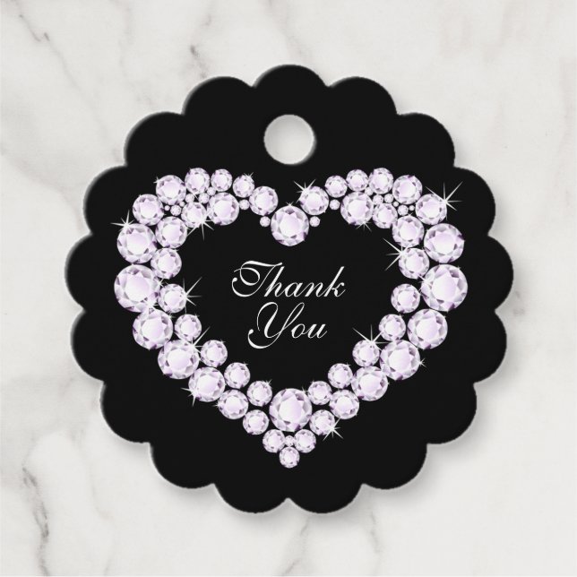 Hjärtdiamanter på svart tack bröllop gåvor etiketter (Framsida)