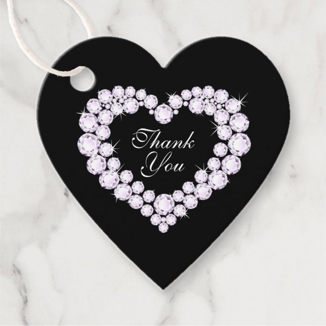 Hjärtdiamanter på svart tack för bröllopsfesten gåvor etiketter (Framsida)