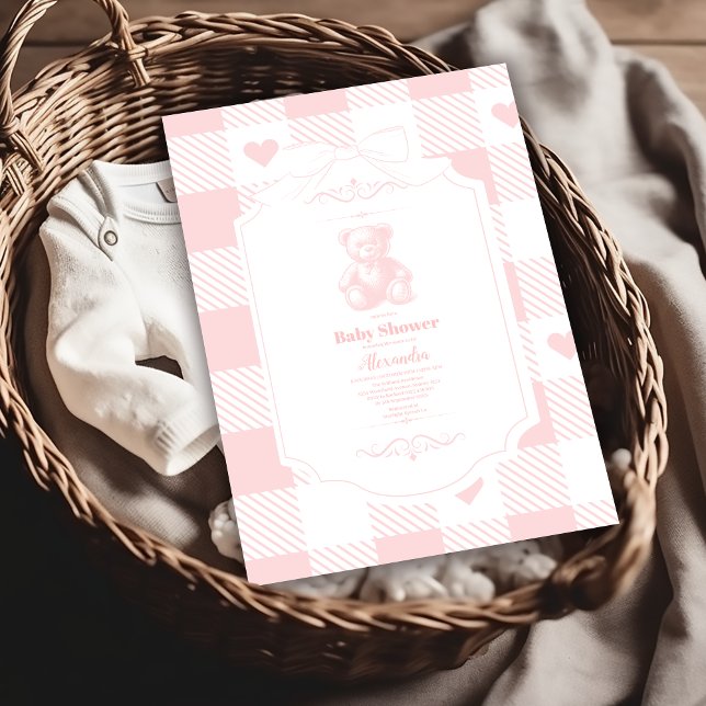 Hjärtebåg Gingham Fransk Teddybjörn Bebisbad Inbjudningar (Skapare uppladdad)