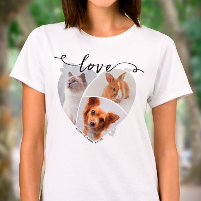 Hjärteformad 3-bilds fotokollage och kärleksskrift t shirt (Heart Shaped Pet Photo Collage T-Shirt)