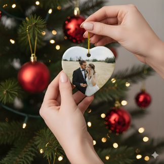 Hjärteformad julgransprydnad för nygifta med foto keramik