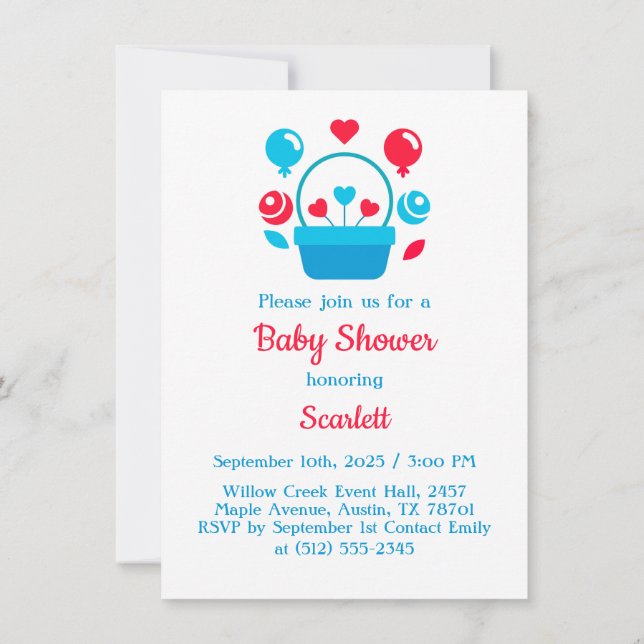 Hjärter, ballonger och basket inbjudningar (Baksida)