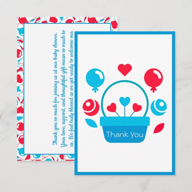 Hjärter, ballonger och basket tack kort (Fram/baksida)