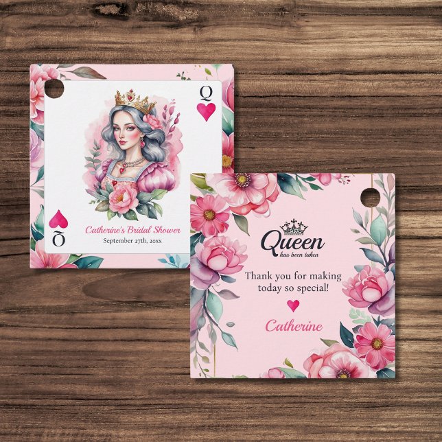 Hjärter Dam Spelkort Rosa Bröllopsdusch Gåvor Etiketter (Top view queen of hearts bridal shower watercolor pink floral vintage playing card Favor Tag)