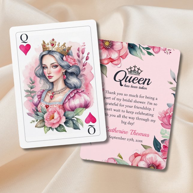 Hjärter Dam Spelkort Rosa Bröllopsdusch Tack Kort (Angled view royal fairytale queen bridal shower watercolor pink floral Thank You Card)
