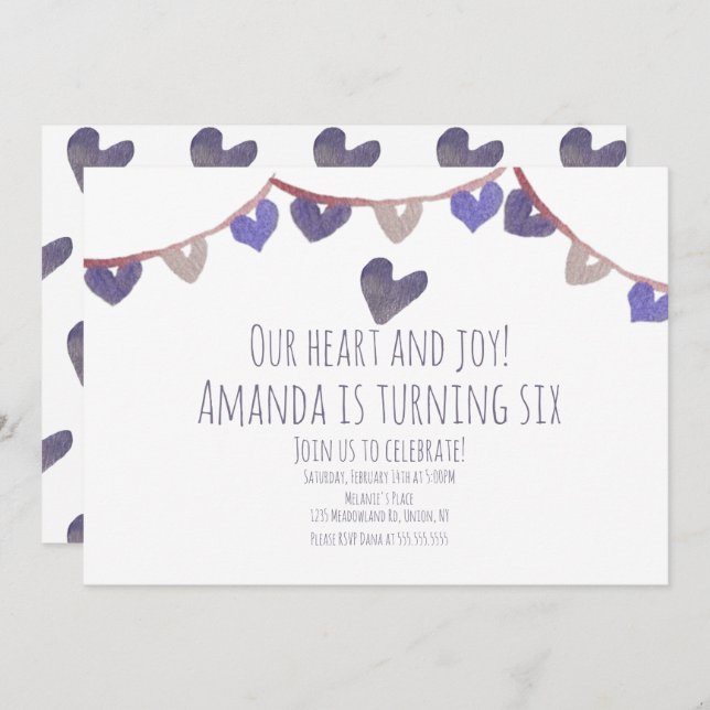 Hjärter för Födelsedagsfest i valentines day, vatt Inbjudningar (Fram/baksida)