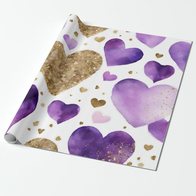 Hjärter för vattenfärgen Lila och Guld Bläck Valen Presentpapper (Utrullad)