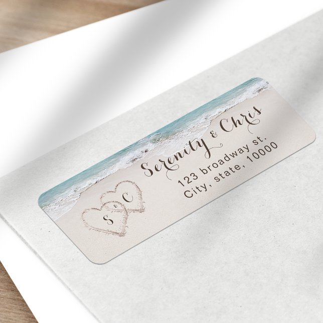 Hjärter i returadressen av sandstranden returadress etikett (Hearts in the sand beach return address label)