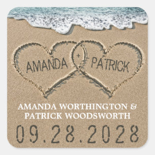 Hjärter i Sand Beach Shore Wedding Favor Fyrkantigt Klistermärke
