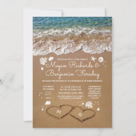 Hjärter i Sand Summer Beach Wedding Inbjudningar