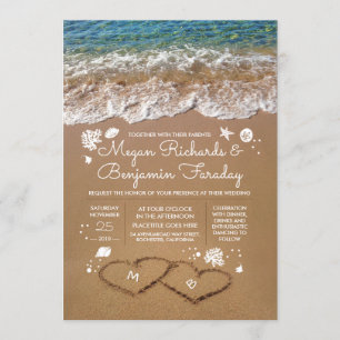 Hjärter i Sand Summer Beach Wedding Inbjudningar