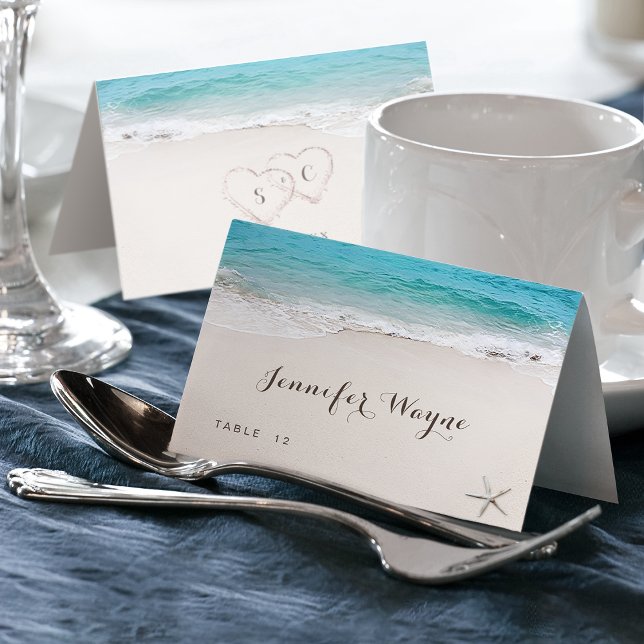 Hjärter i sandstranden bordsnummer (Hearts in the sand beach wedding Place Card)