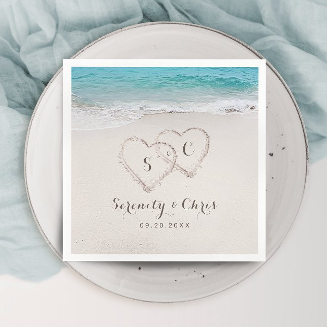 Hjärter i sandstranden pappersservett (Hearts in the sand destination beach wedding napkins)