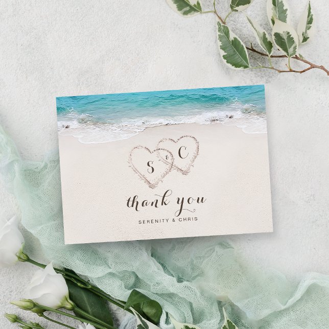 Hjärter i sandstranden tack kort (Hearts in the sand destination beach wedding thank you card)