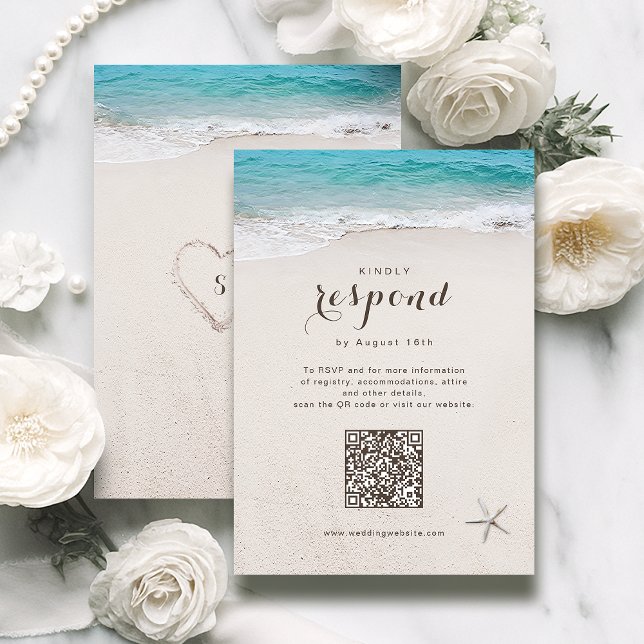 Hjärter i sandstrasbröllop QR-kod OSA Kort (Hearts in the sand beach wedding QR code RSVP Card)