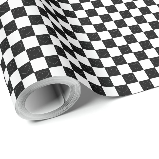 Hjärter i schackbrädet i svartvitt presentpapper (Rulle Hörn)