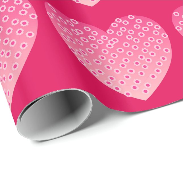 Hjärter i skuggor av mjuk rosa på shock rosa baksi presentpapper (Rullad Hörn)