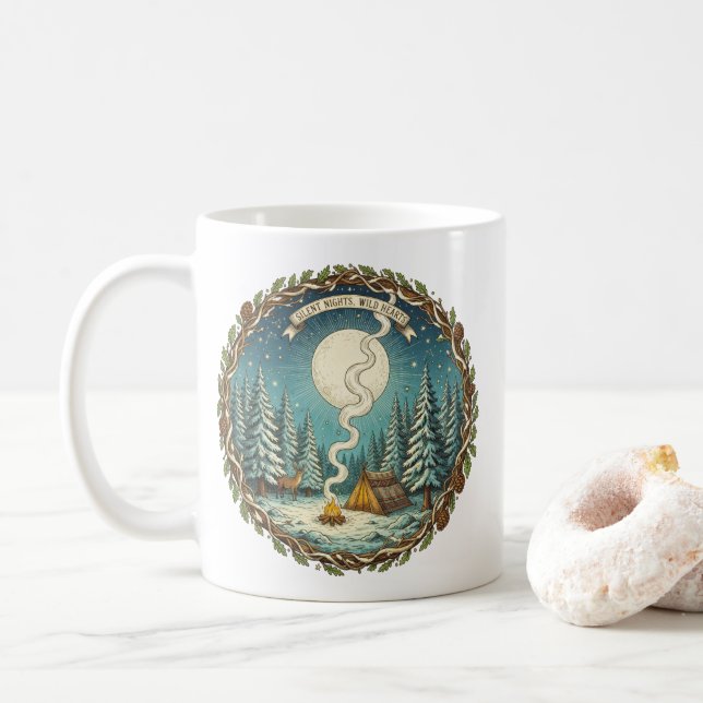 Hjärter i Vilden Tyst natt Winter Camping Art Kaffemugg (Med munk)