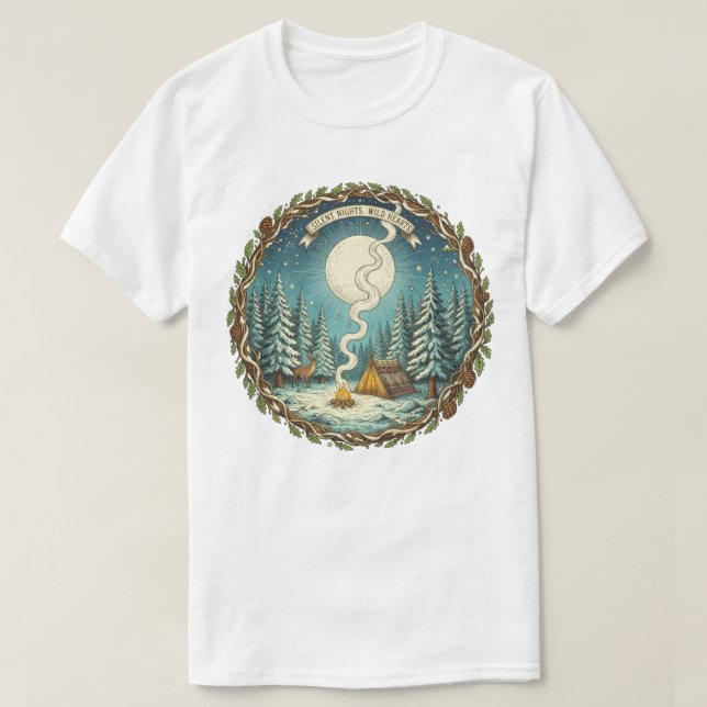 Hjärter i Vilden Tyst natt Winter Camping Art T Shirt (Design framsida)