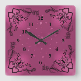 Hjärter med blommor och fjäril i Tattoo Stil Fyrkantig Klocka