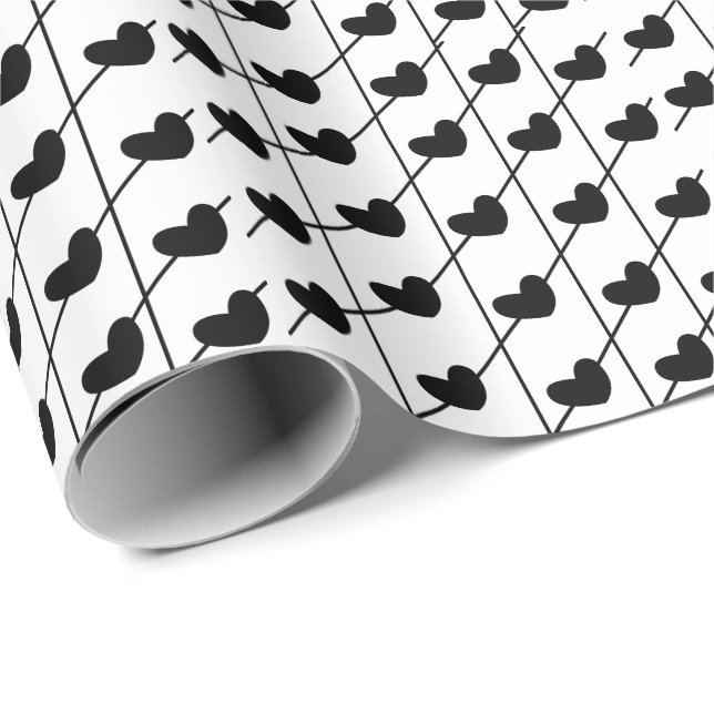 Hjärter med ränder svart och vitt presentpapper (Rullad Hörn)