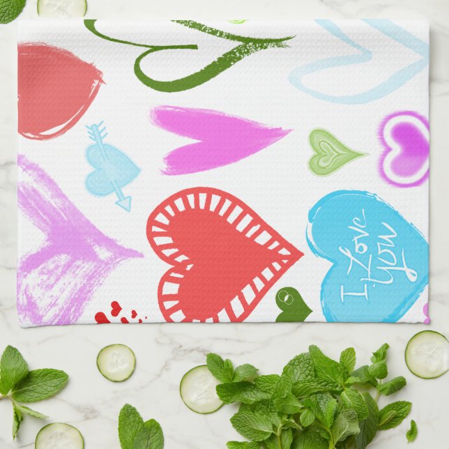 Hjärter mönster, färgade örter, Hjärter Mönster Kökshandduk (Vikta)