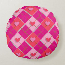 Hjärter mot rosa och rödargyle rund kudde
