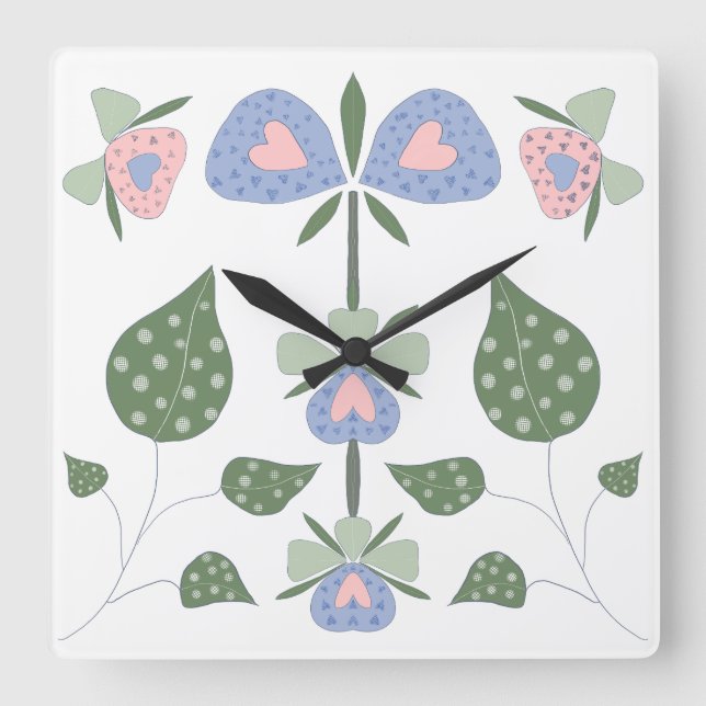 Hjärter och blommor fyrkantig klocka (Framsida)