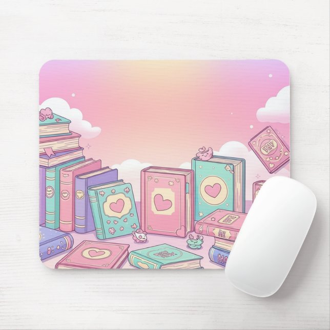 Hjärter och Bokar Girly Rosa och Lila Himmel Musmatta (Med mus)