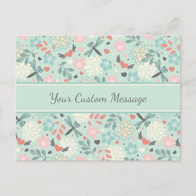 Hjärter och Dragonlies Söt Blommigt Vykort (Framsida)