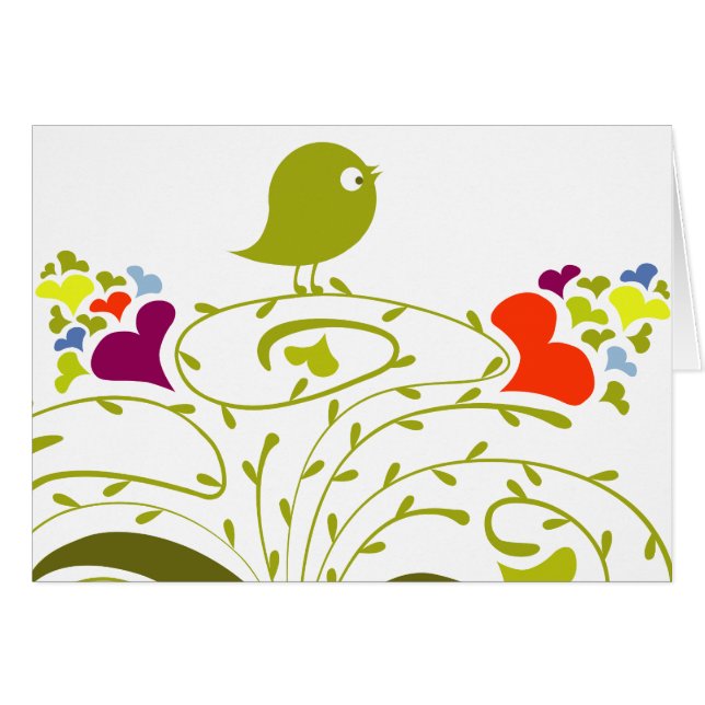 Hjärter och fåglar på en cute Träd Hälsningskort (Framsidan Horizontal)