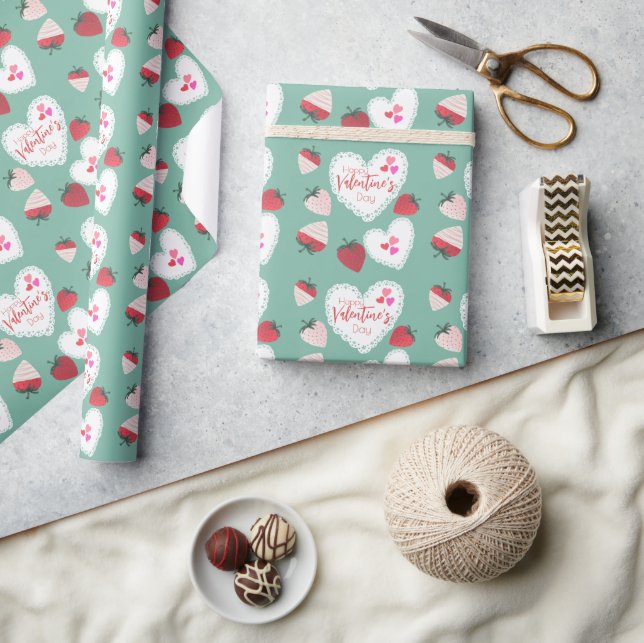 Hjärter och jordgubbar Glad Alla hjärtans dag Presentpapper (Hantverk)