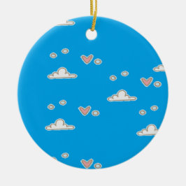 Hjärter och moln på blått julgransprydnad keramik