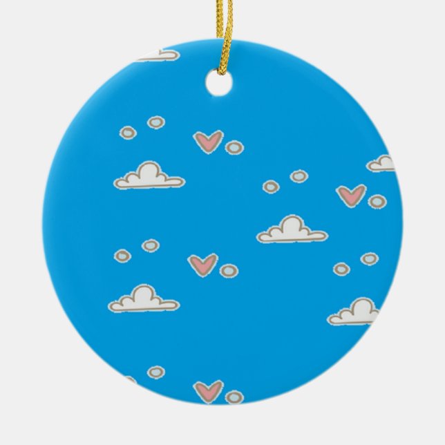 Hjärter och moln på blått julgransprydnad keramik (Framsidan)